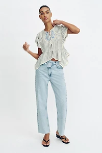EMBROIDERED PLAID LACE INSERT TOP