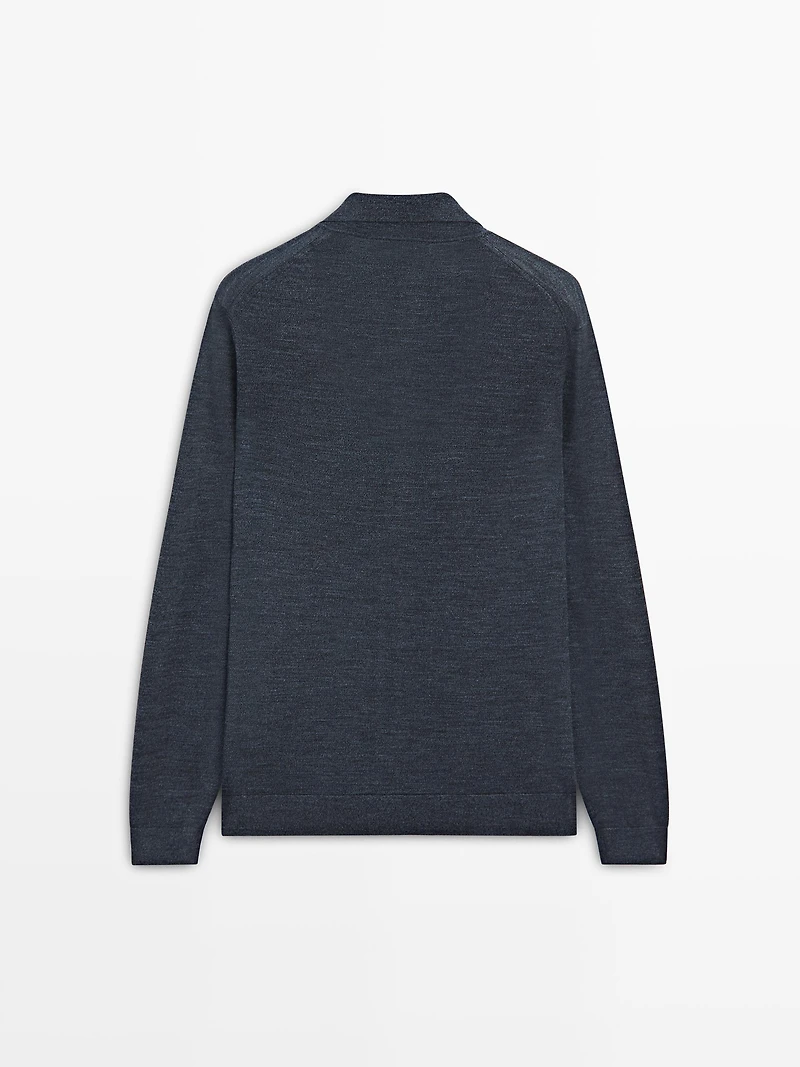 Wool knit cardigan with lapel collar