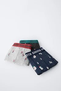 AGES 6-14 / THREE-PACK OF SANTA AND SNOWMAN BOXERS