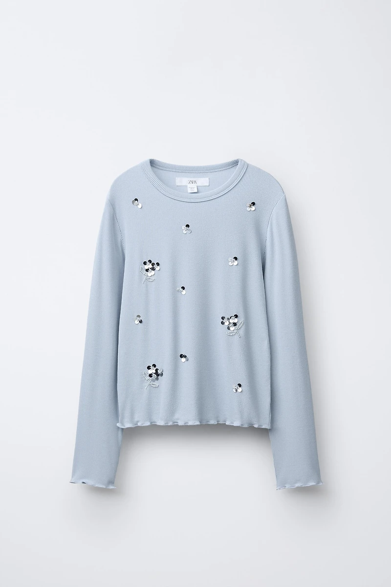 SEQUINED RIBBED T-SHIRT