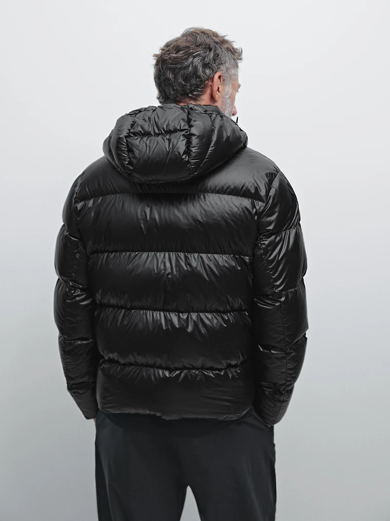 Water-repellent satin puffer jacket