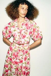 BELTED FLORAL PRINT MIDI DRESS
