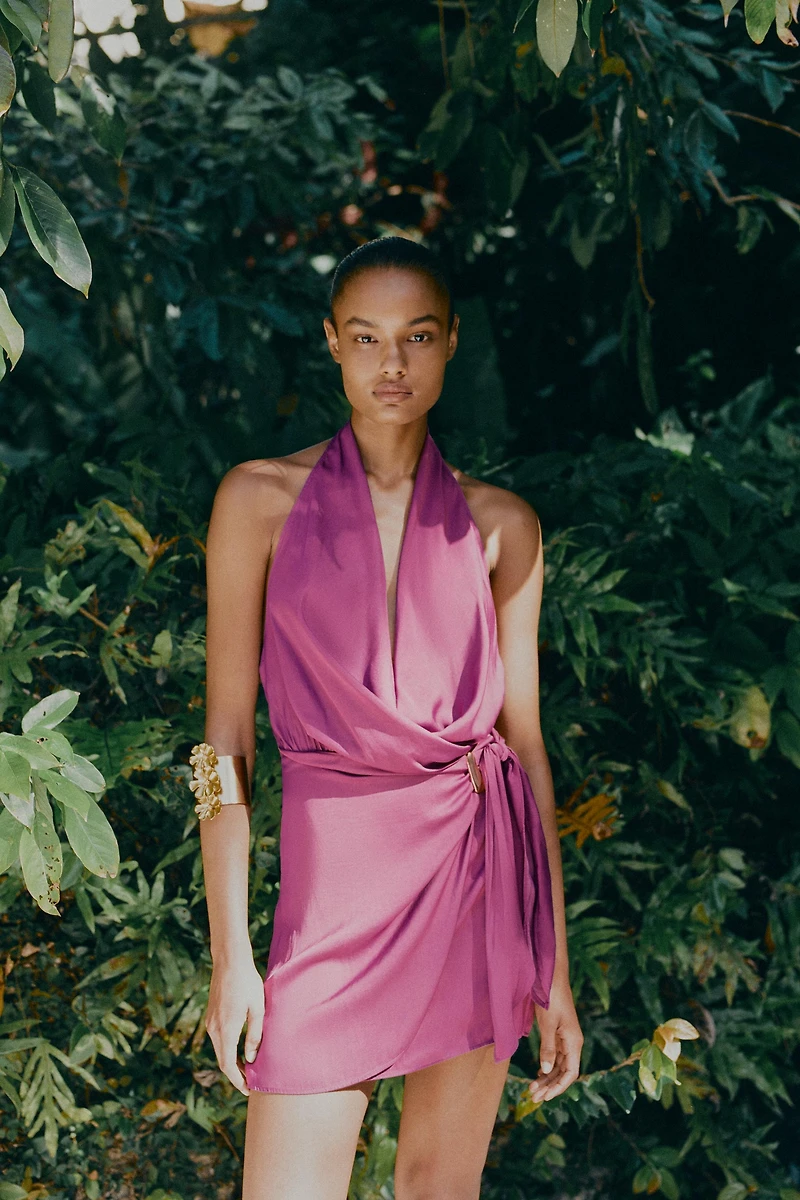 KNOTTED HALTER MINI DRESS