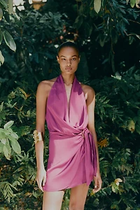 KNOTTED HALTER MINI DRESS