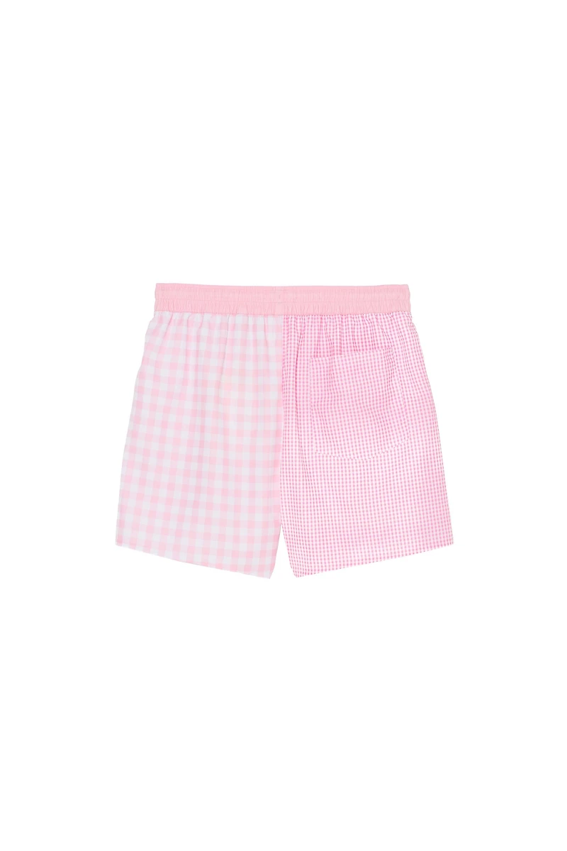 COMBINATION PLAID MID-LENGTH SWIMMING TRUNKS