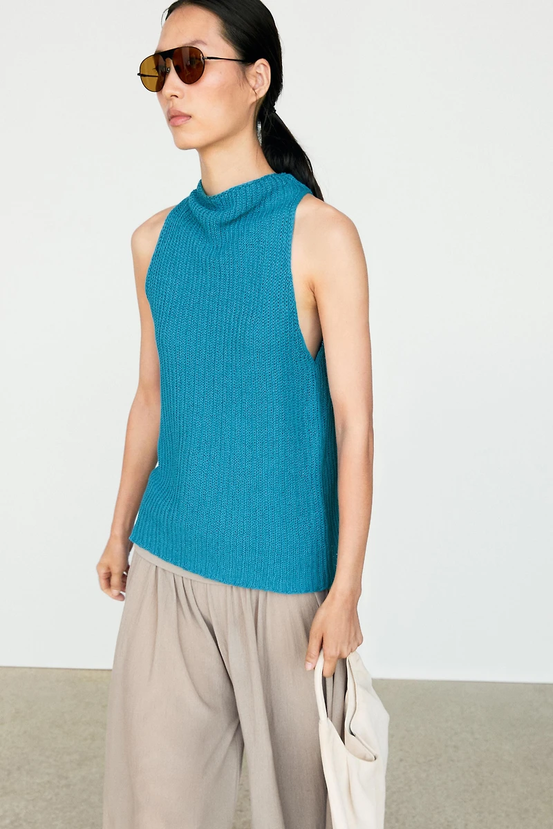 Top en maille boutonné lin