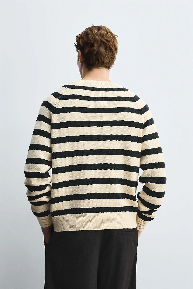 STRIPED SWEATER WITH BUTTON NECK