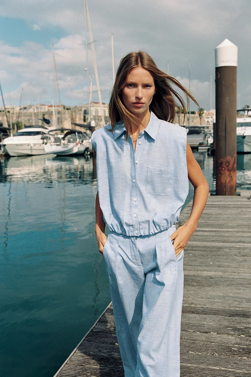 LINEN SHOULDER PAD PUFF TOP