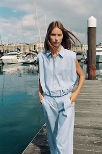 LINEN SHOULDER PAD PUFF TOP