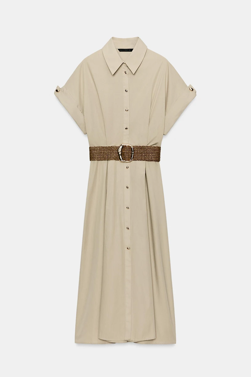 BELTED POPLIN MIDI DRESS
