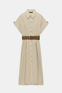 BELTED POPLIN MIDI DRESS
