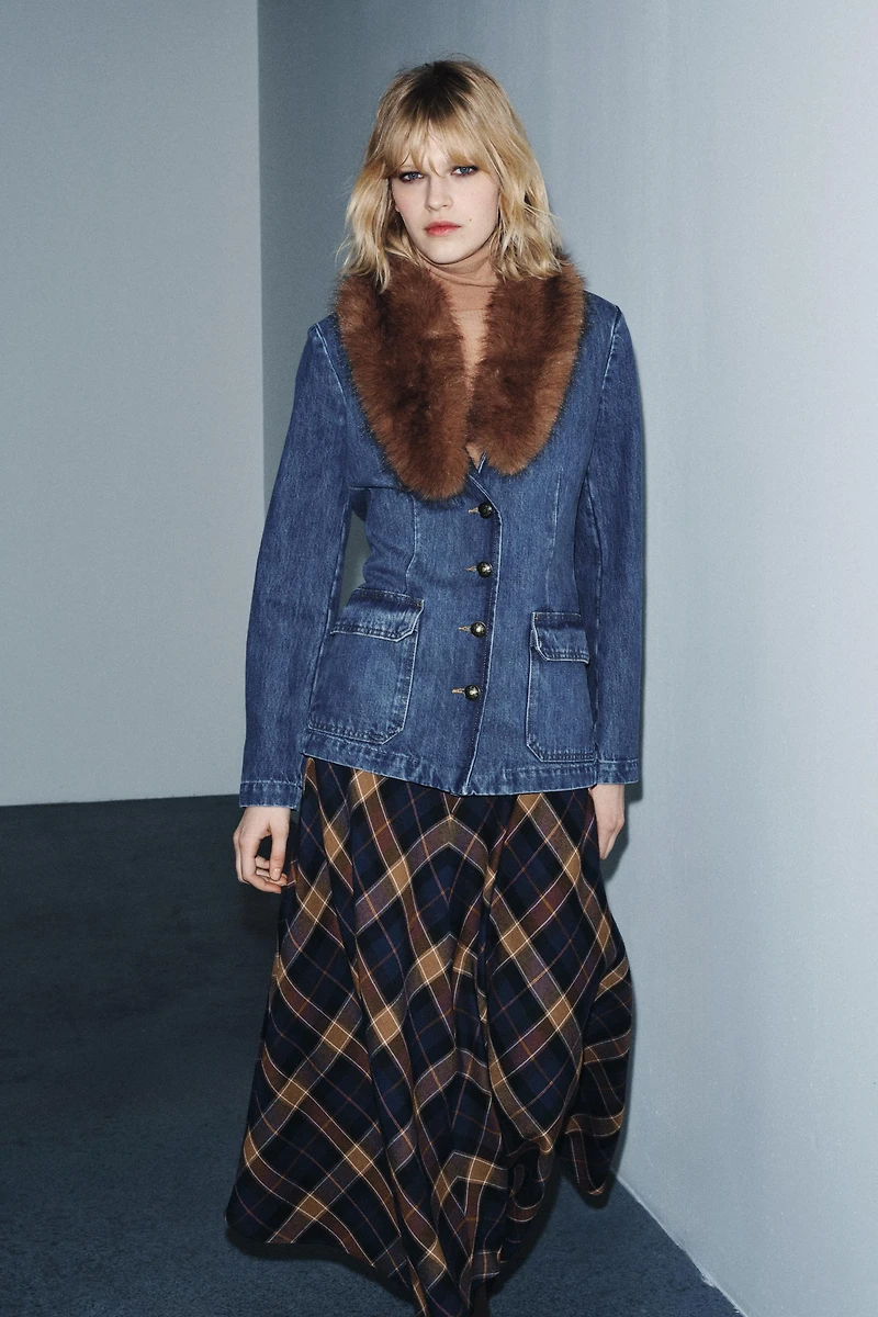 DENIM BLAZER WITH FAUX FUR COLLAR ZW COLLECTION