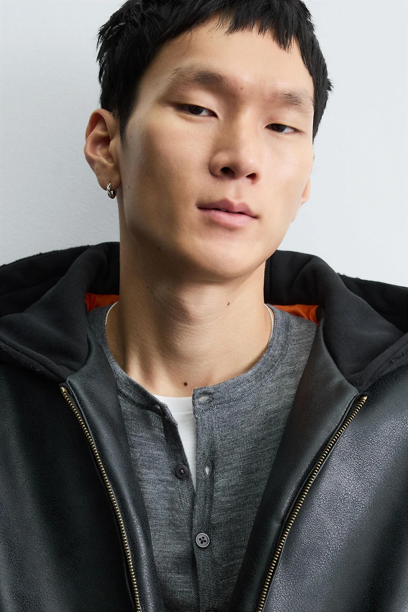 COMBINATION HOODIE FAUX LEATHER JACKET