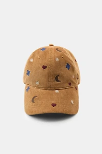 CORDUROY CAP WITH BIRDS AND MOONS EMBROIDERY