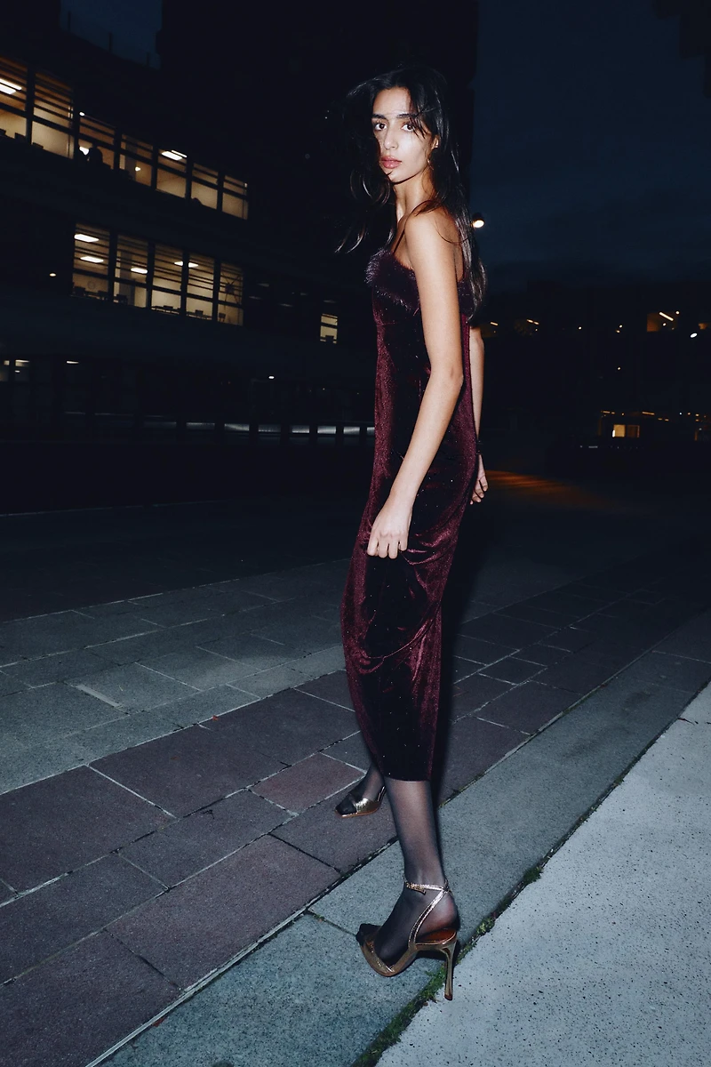 VELVET BEADED FAUX FUR MIDI DRESS