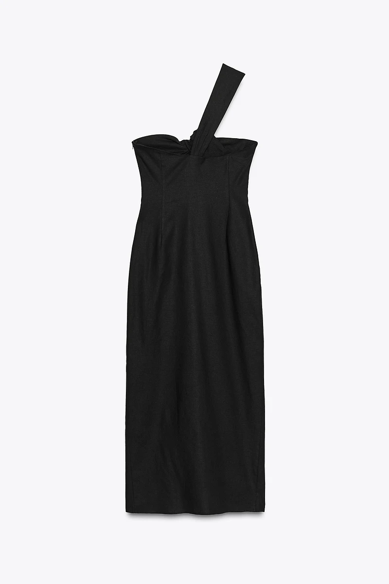 ASYMMETRIC CUT OUT LINEN MIDI DRESS