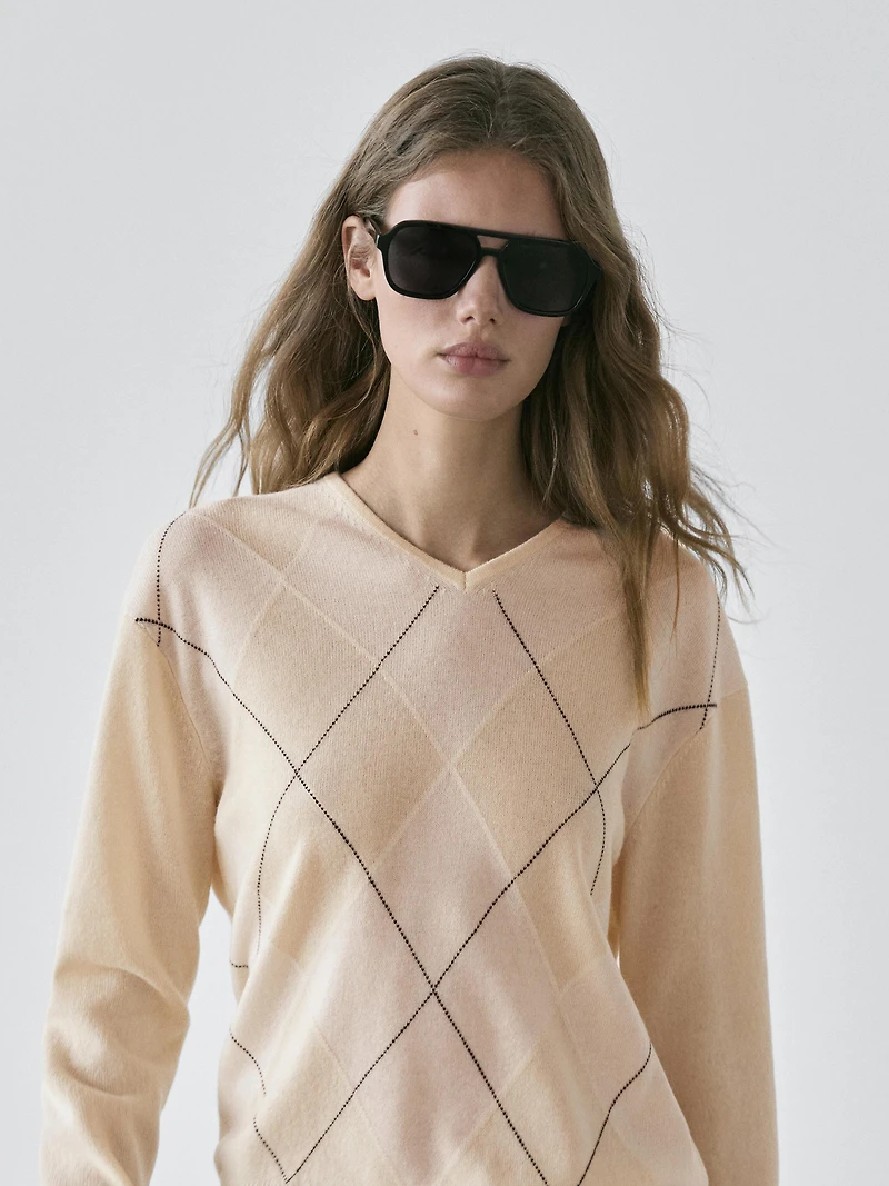 Wool argyle knit sweater