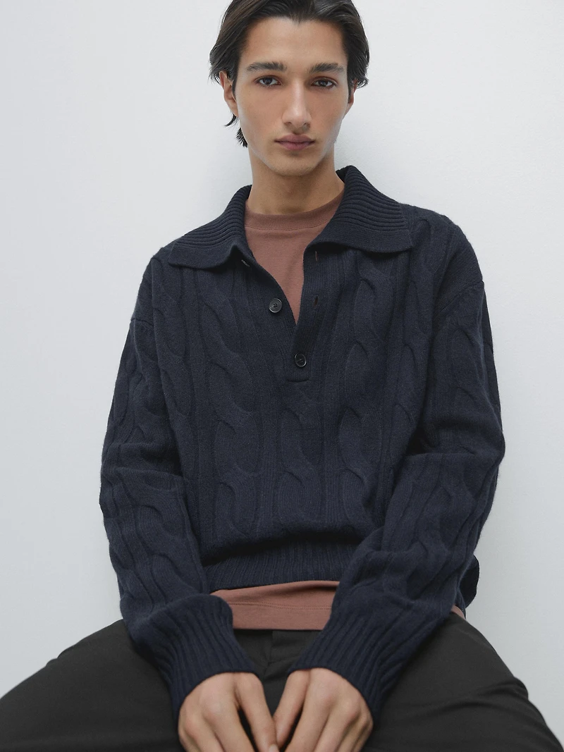 Wool cable-knit polo sweater