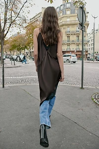 ASYMMETRIC SATIN EFFECT MIDI DRESS