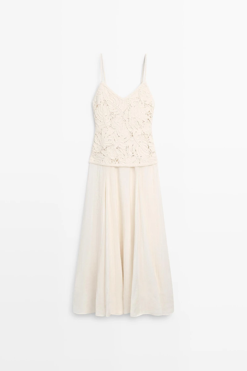 Long dress with contrast crochet detail