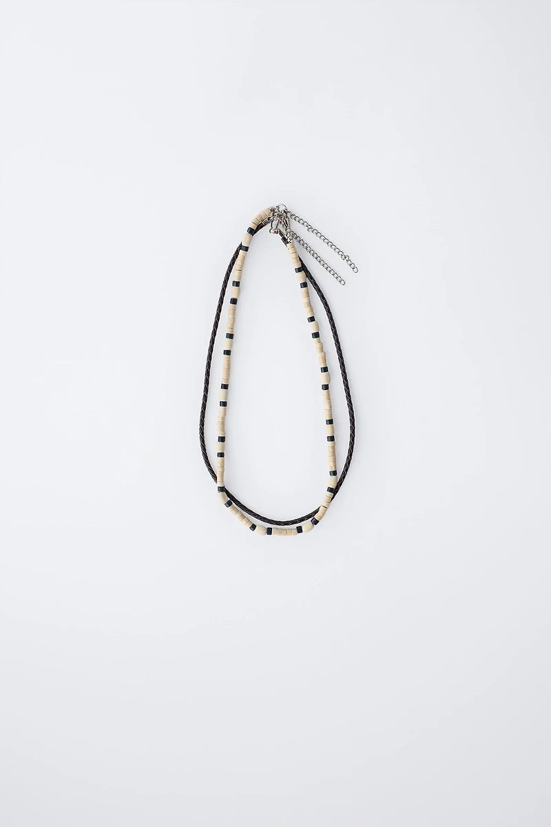 PACK OF TWO BRAIDED ROPE AND WOOD BEAD NECKLACES