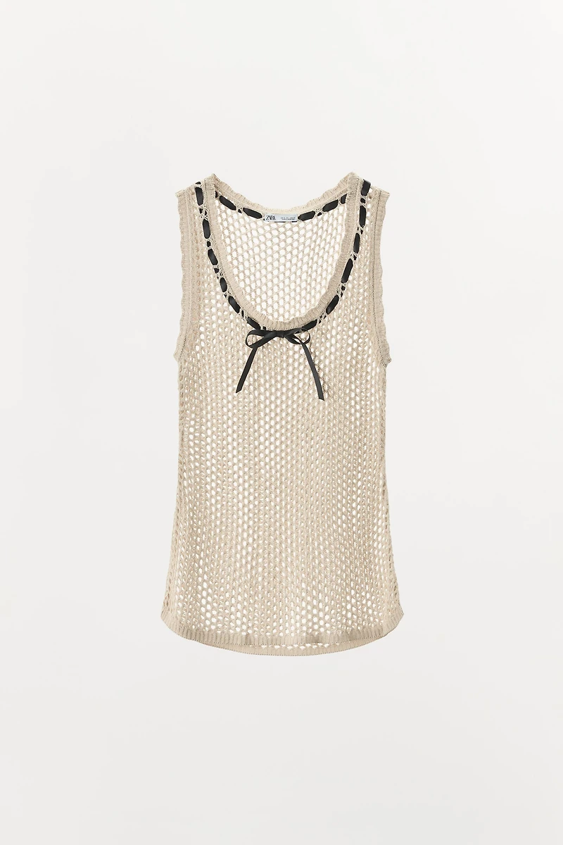 CONTRAST BOW OPEN KNIT T-SHIRT