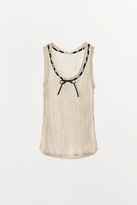 CONTRAST BOW OPEN KNIT T-SHIRT