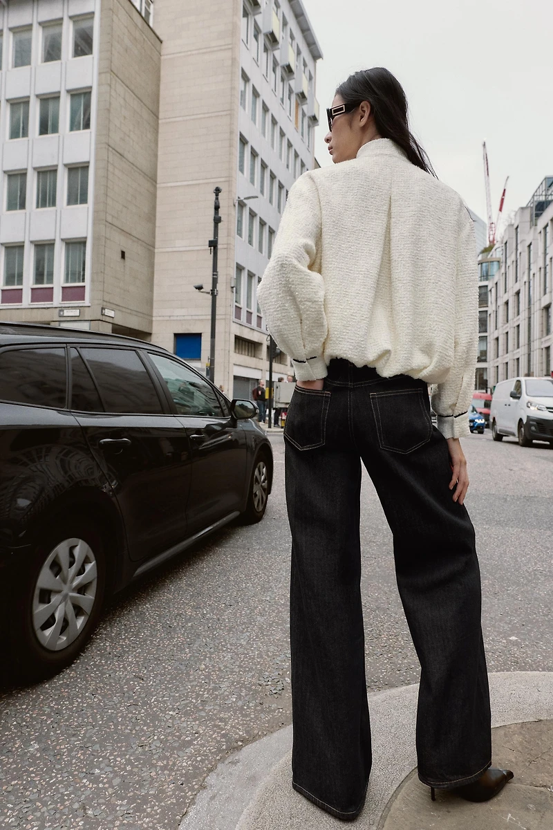 CONTRAST PIPING TEXTURED BOMBER JACKET