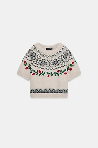 SHORT SLEEVE EMBROIDERED JACQUARD KNIT JUMPER