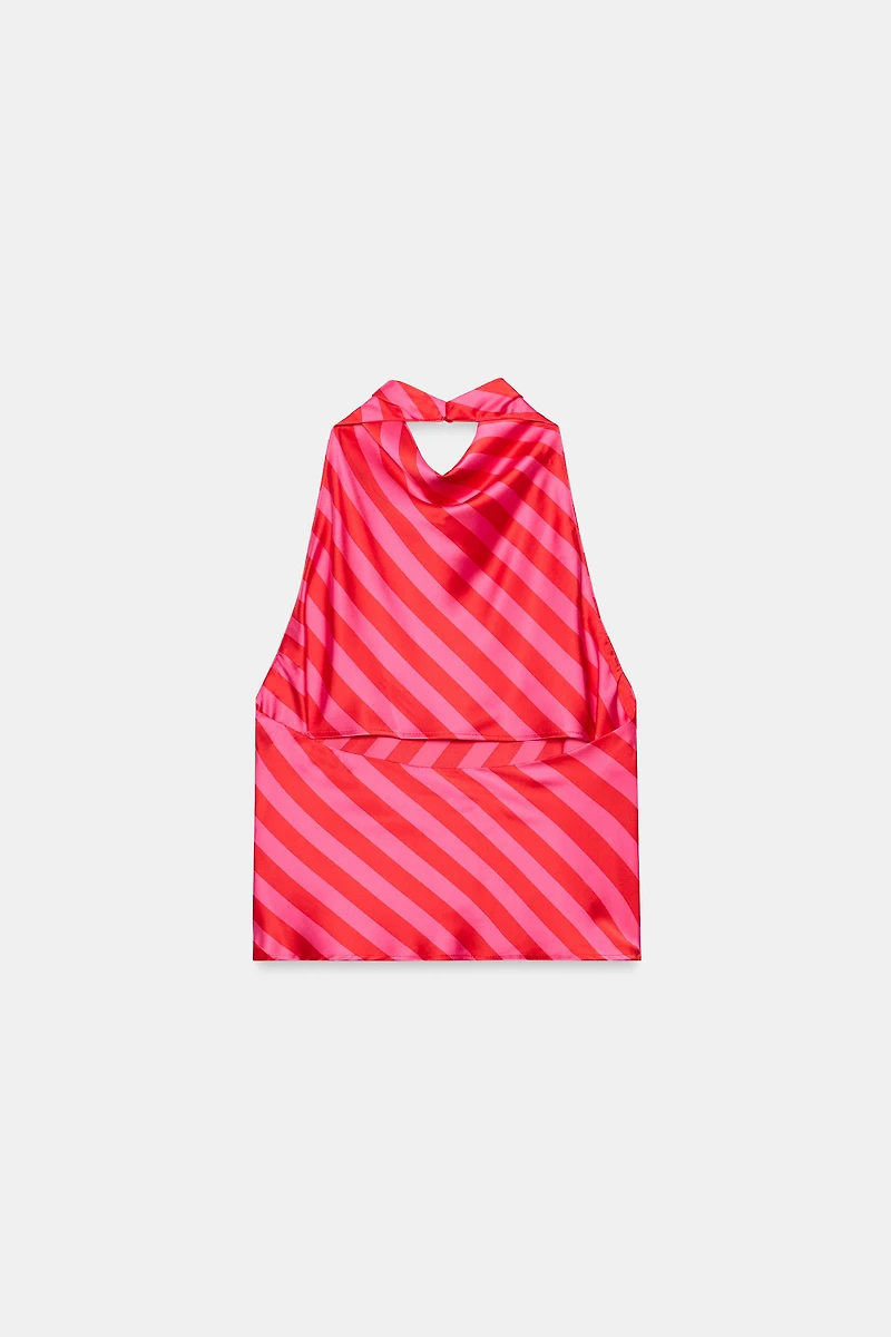 STRIPED SATIN HALTER TOP