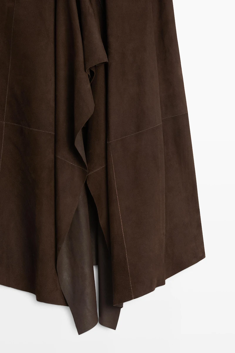 Suede leather midi skirt with ruffle detail