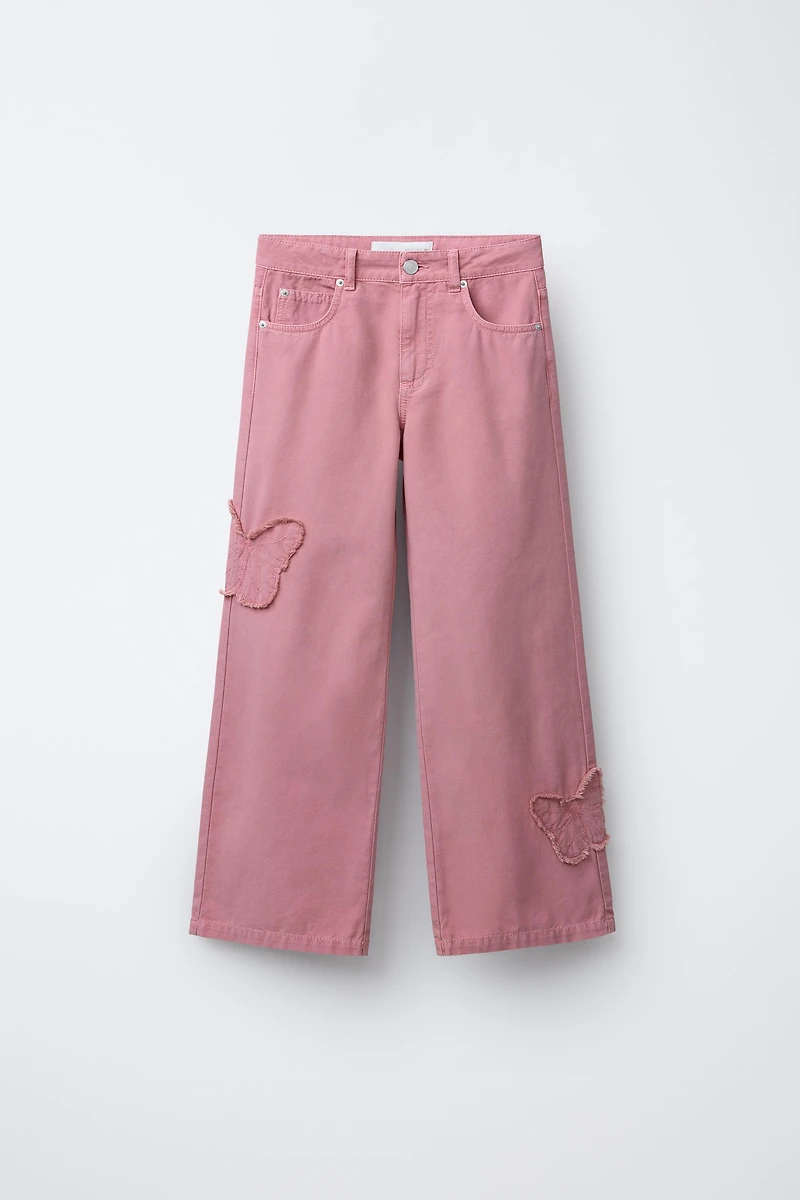 EMBROIDERED BUTTERFLY WIDE LEG JEANS