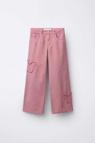 EMBROIDERED BUTTERFLY WIDE LEG JEANS