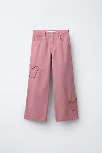 EMBROIDERED BUTTERFLY WIDE LEG JEANS
