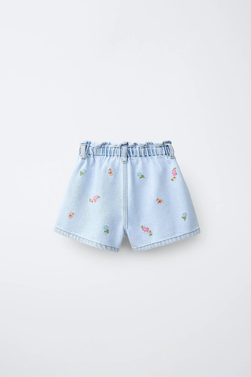 EMBROIDERED FLORAL DENIM PAPERBAG SHORTS