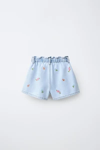 EMBROIDERED FLORAL DENIM PAPERBAG SHORTS