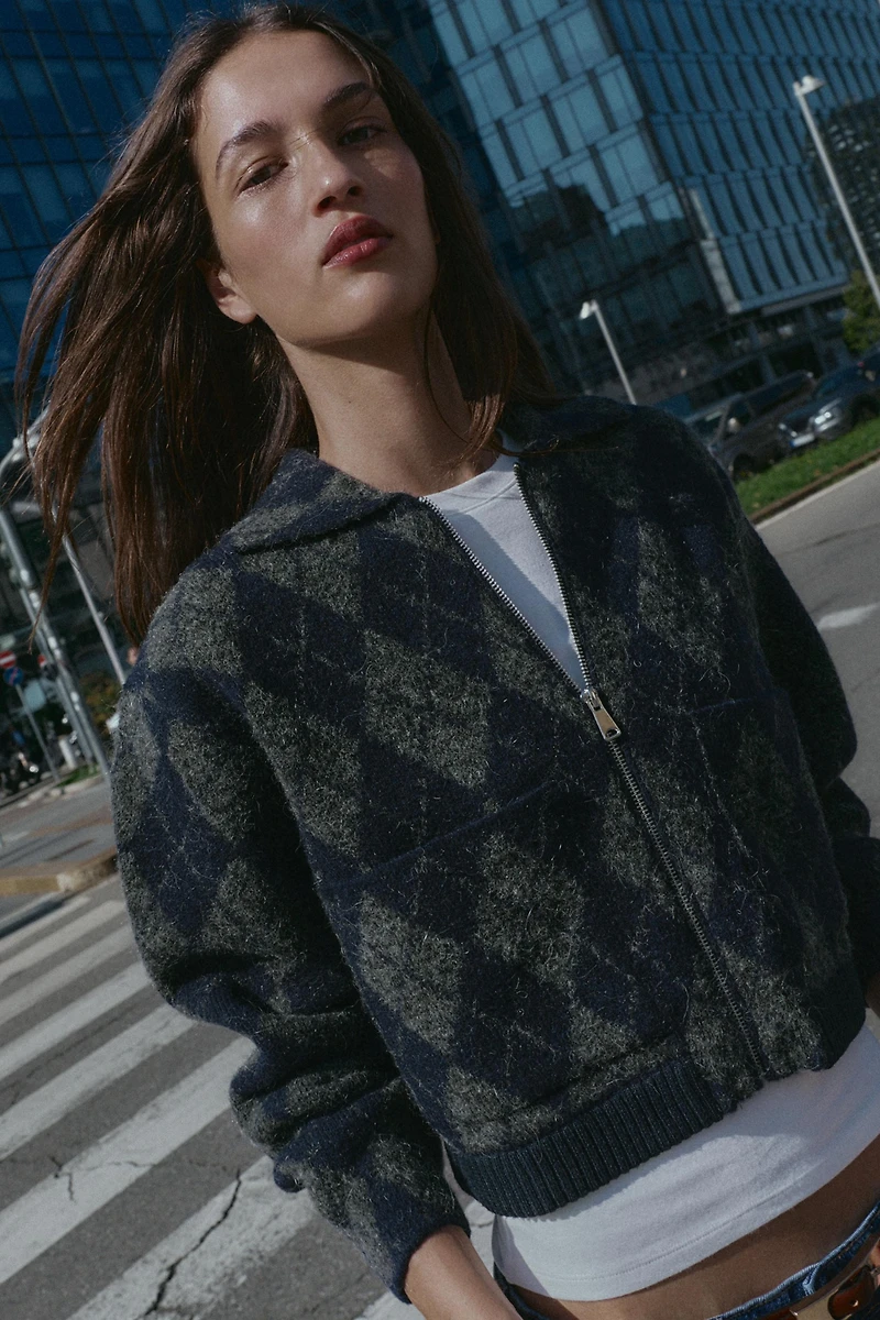 ARGYLE KNIT BOMBER JACKET