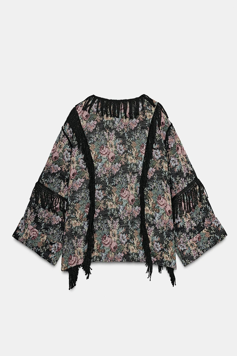 FLORAL JACQUARD FRINGE KIMONO