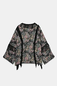 FLORAL JACQUARD FRINGE KIMONO