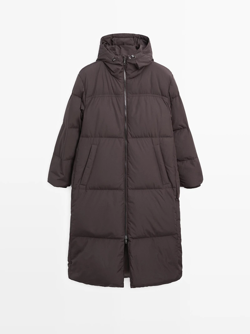 Long water-repellent hooded puffer jacket