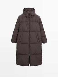 Long water-repellent hooded puffer jacket