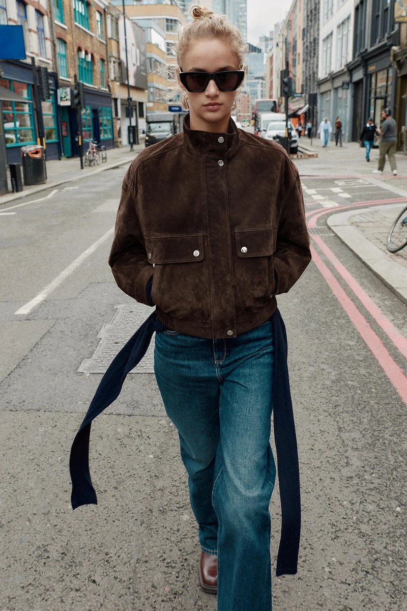 SUEDE LEATHER BOMBER JACKET WITH POCKETS