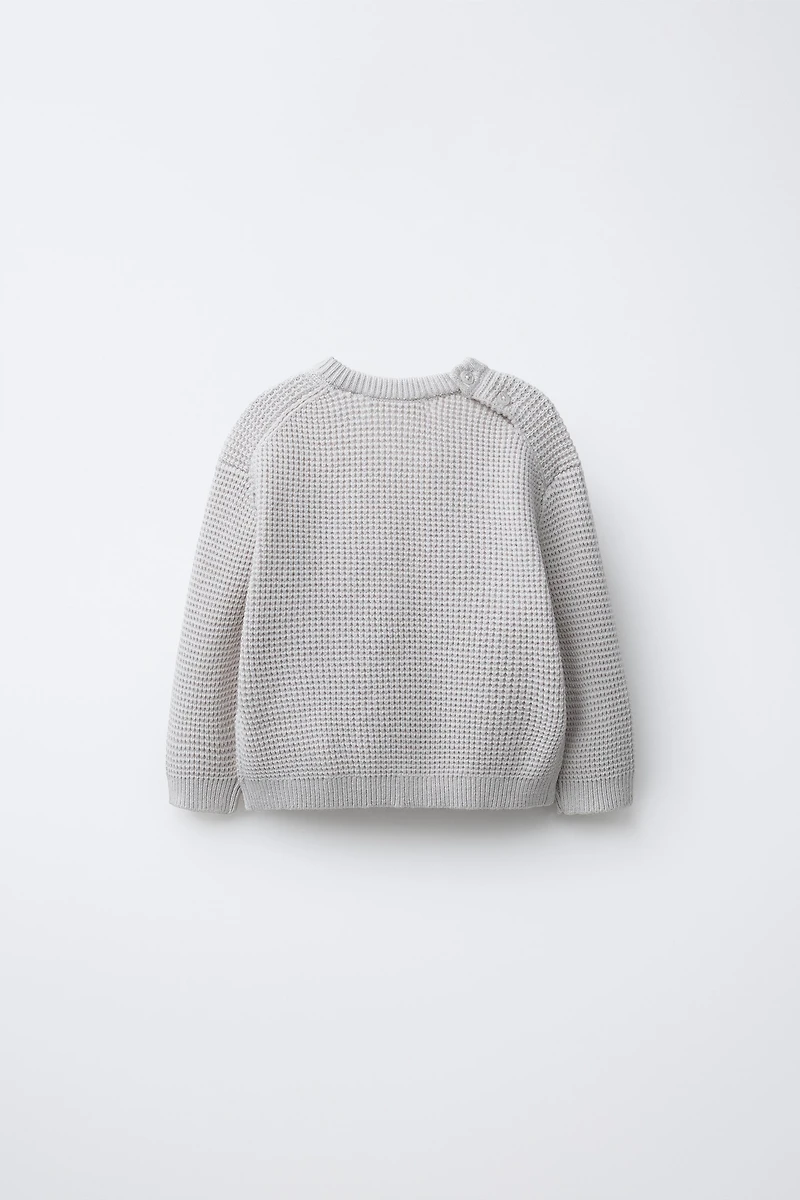 WAFFLE KNIT TEDDY BEAR PATCH SWEATER