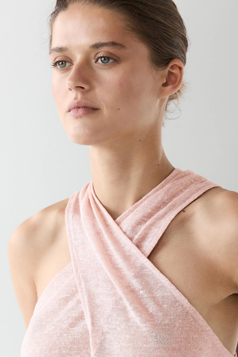 Linen blend top with surplice neckline