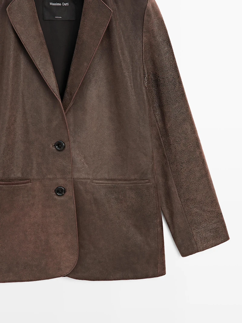 Suede leather blazer with lapel collar
