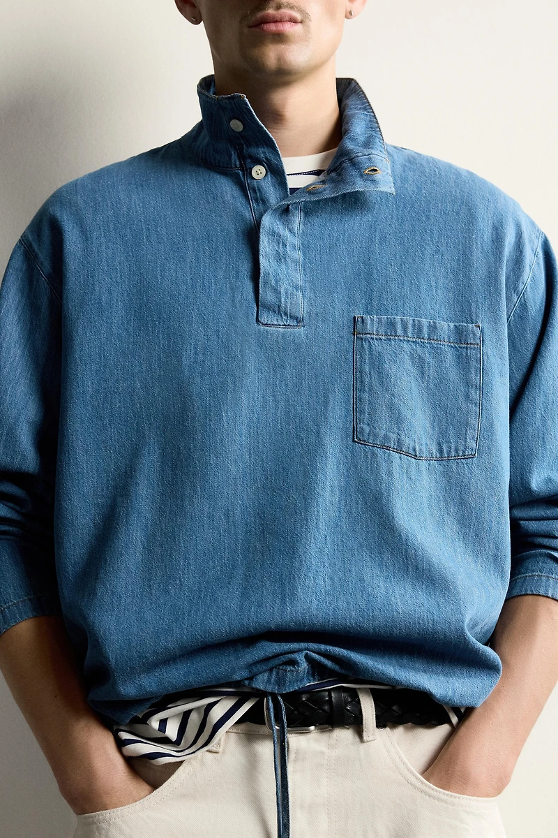 WASHED LIGHTWEIGHT DENIM POLO SHIRT