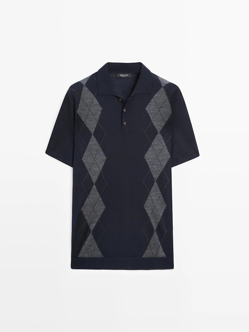 Pull polo losanges en laine mérinos mélangée