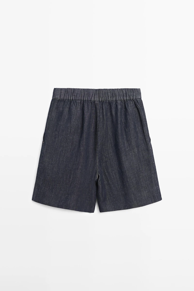 Cotton denim Bermuda shorts with topstitching