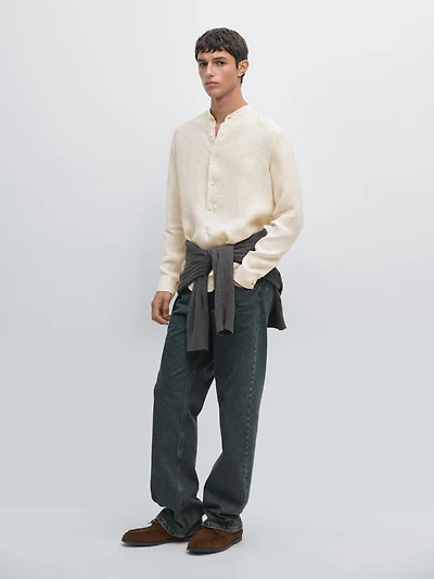 Regular fit striped 100% linen shirt