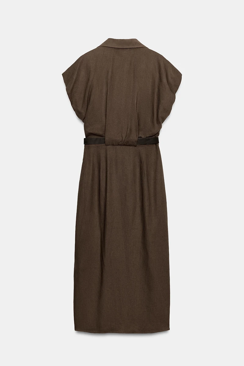 LINEN BLEND MIDI DRESS WITH BELT